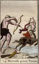 Darstellung von Herkules, der einen vergifteten Pfeil auf den Zentauren Nessus abschießt, der versucht, seine Frau Deianira zu entführen. Aus „Mythologie der Jugend“ von Pierre Blanchard 1803