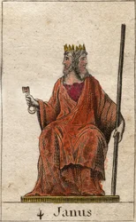 Darstellung des Janus, der Gottheit des Anfangs und der Übergänge, er wird mit zwei Gesichtern dargestellt (Janus oder Ianus ist der Gott der Tore, Türen, Anfänge und Enden, dargestellt mit zwei Gesichtern und einem Schlüssel). Aus „Mythologie der Jugend“