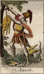 Darstellung von Jason, der das Goldene Vlies zurückholt, nach dem Triumph über den schlafenden Drachen, der das Goldene Vlies bewachte. Aus „Mythologie der Jugend“ von Pierre Blanchard 1803.