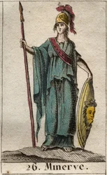 Darstellung der Minerva, Göttin der Künste, des Krieges und der Wissenschaft. Sie trägt eine Rüstung. Aus „Mythologie der Jugend“ von Pierre Blanchard, 1803.