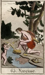 Darstellung von Narziss, einem jungen Mann, der sich in sein eigenes Spiegelbild verliebt. Aus „Mythologie der Jugend“ von Pierre Blanchard 1803