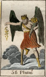 Darstellung von Plutus (Ploutos), Gott des Reichtums, er ist gekrönt und blind, wirft Geschenke zufällig. Aus „Mythologie de la jeunesse“ von Pierre Blanchard 1803.