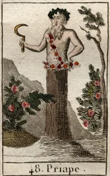 Darstellung des Priapos, des Gottes der Ausschweifung und Fruchtbarkeit, der oft mit einem riesigen erigierten Penis dargestellt wird und eine Sichel in der Hand hält. Aus Mytholo