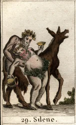 Darstellung von Silenus, dem Gefährten des Bacchus, betrunken, gestützt von einem Satyr. Aus „Mythologie der Jugend“ von Pierre Blanchard 1803