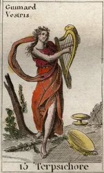 Darstellung von Terpsichore, Muse des Tanzes, die eine Lyra hält. Aus „Mythologie der Jugend“ von Pierre Blanchard 1803