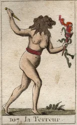 Darstellung des Schreckens als Frau mit einem Löwenkopf, die ein Messer und Schlangen hält. Aus „Mythologie der Jugend“ von Pierre Blanchard 1803