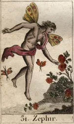 Darstellung von Zephyr, Personifikation des Westwinds. Aus „Mythologie der Jugend“ von Pierre Blanchard 1803.