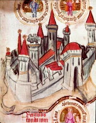 Darstellung einer befestigten Stadt in der Region Straßburg. Miniatur auf Pergamentrolle „Genealogie der Bibel“ (ms.199) 14. Jahrhundert Cremona, Biblioteca Governativa