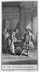 Darstellung einer Szene aus dem Stück „Monsieur de Pourceaugnac“ (1669) von Jean Baptiste Poquelin genannt Moliere (1622-1673). Gravur von 1740.