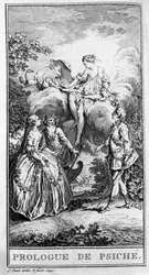 Darstellung einer Szene aus dem Stück „Prologue de Psyche“ von Jean Baptiste Poquelin genannt Moliere (1622-1673). Gravur von 1740.