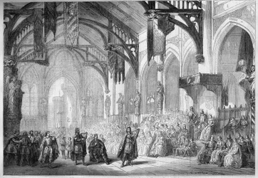 Darstellung einer Oper: Landgrafenpalast in Wartburg. Szenografie von Akt II von „Tannhäuser“ von Richard Wagner. Opéra de Paris