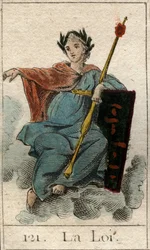 Darstellung des Gesetzes als junge Frau, die ein Zepter hält. Aus „Mythologie der Jugend“ von Pierre Blanchard 1803.