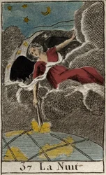 Darstellung der Nacht (Nyx), Göttin des Dunkels. Aus „Mythology of Youth“ von Pierre Blanchard, 1803.