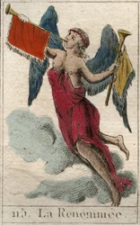 Darstellung der Pheme, Botin des Jupiter, in Form einer geflügelten Frau, die zwei Trompeten trägt, um gute und schlechte Nachrichten zu verkünden. Aus „Mythologie der Jugend“ von Pierre Blanchard 1803