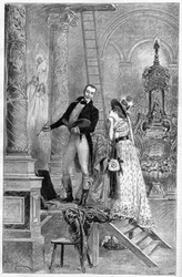 Darstellung der Tosca, Drama von Victorian Sardou im Théâtre de la Porte Saint Martin 1887. Hier Akt 1, die Kirche St. Andrea mit Dumeny und Henriette Rosine Bernard genannt Sarah Bernhardt (1844-1923)