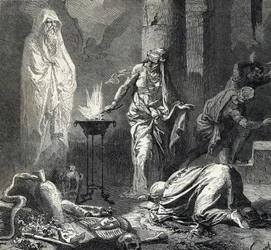 Darstellung der Hexe von Endor (oder Pythonissa von Endor), einem kanaanitischen Dorf, das im ersten Buch Samuel (Bibel) erwähnt wird; sie besitzt einen Talisman, mit dem sie auf Bitten Sauls, des Königs von Israel, den Geist des kürzlich verstorbenen