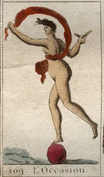 Darstellung der Gottheit der Gelegenheit, einer kahlen jungen Frau, mit einem Haarbüschel, um sie greifen zu können, sie rollt auf einem Rad, sie hält ein Rasiermesser und einen Schleier. Aus „Mythologie der Jugend“ von Pierre Blanchard 1803