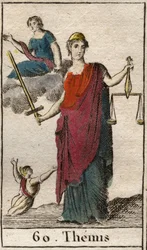 Darstellung der Göttin der Gerechtigkeit und des Gesetzes, Themis, sie hält eine Waage und ein Schwert. (Darstellung der Themis, Göttin der Gerechtigkeit und des Gesetzes, sie trägt eine Augenbinde und hält eine Waage und ein Schwert). Aus „Mythologie der