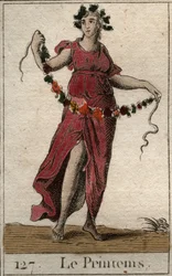 Darstellung des Frühlings in Gestalt von Flora, die einen Blumenkranz hält. Aus „Mythologie der Jugend“ von Pierre Blanchard 1803