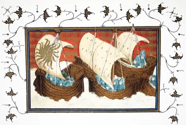 Richard II. und seine Flotte landen in Milford Haven, Faksimile-Kopie aus Le Prinse et Mort du Roy Richart von Jean Creton, nachgedruckt im 19. Jahrhundert