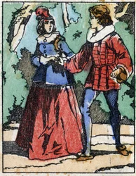 Riquet stellt sich der Prinzessin erneut vor. Illustration für „Riquet mit der Locke“, Märchen von Charles Perrault (1628-1703), französischer Schriftsteller. Holzstich von Imaging Pellerin - Epinal, sp. Ende des 19. Jahrhunderts.