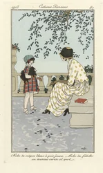 Kleid aus weißem Krepp mit gelben Punkten - Mädchenkleid in kirschrotem und grünem Schottenmuster, aus Costumes Parisiens, veröffentlicht 1913