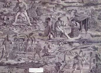 Robinson Crusoe, nach einem Entwurf von F. Pieters, um 1815-20 (Rollenbedruckte Baumwolle)