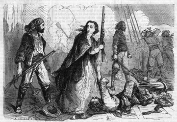 Romanserie: „Denkwürdigkeiten von Joseph Garibaldi“ von Alexandre Dumas (1802-1870). Anita Garibaldi (1821-1849), Ehefrau von Giuseppe Garibaldi, nimmt an der Schlacht teil, mit einem Gewehr in der Hand. Gravur in „Les bons romans“