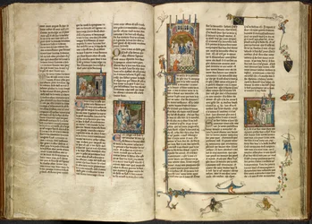 Lancelot entfernt den Kopf seines enthaupteten Großvaters, des Königs, aus einem kochenden Brunnen; ein Gebäude stürzt auf zwei Ritter. Rechts Miniatur von Arthur und Guinevere bei einem Bankett, aus 