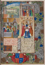 Royal 20 E. V, f.8 Krönung Karls VII., Szenen aus den „Chroniques de France ou de Saint Denis“, 1487