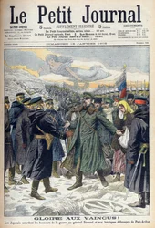Russisch-Japanischer Krieg 1904-1905: Japaner erlauben General Stoessel und den russischen Verteidigern von Port Arthur eine ehrenvolle Kapitulation. Aus Le Petit Journal, Paris