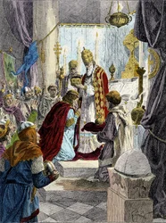 Weihe (Krönung) Karls des Großen (742 - 814) im Jahr 800 durch Papst Leo III.