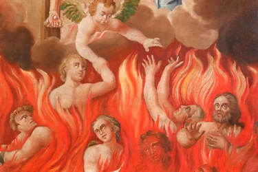 Kirche Saint-Nicolas de Veroce. Jüngstes Gericht: die Hölle. Eine Gruppe der Geretteten. Malerei. Frankreich.