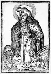 Heiliger Antonius der Große, Frontispiz aus In Symbolicam S.Antonii Magni Imaginem Commentatio von Théophile Raynaud, veröffentlicht 1659