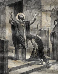Saint Aubert (Saint-Aubert) Bischof von Cambrai und Arras (633-667?), begrüßte seinen Schüler und prodigalischen Patensohn Landelin (613-), Sohn des Herrn von Vaulx, und vergab ihm seine drei Jahre des Irrtums. Gravur in „Le Pelerin“ 16.12.1899.