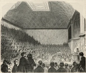 Salle des cours am College de France in Paris im 19. Jahrhundert - Gravur in „Tableau-de-Paris“ von Edmond Texier 1852