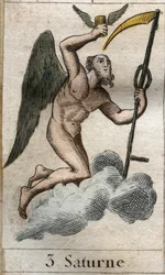 Saturn, Gott der Landwirtschaft und Ernte, wird mit einer Sense dargestellt. Aus „Mythologie der Jugend“ von Pierre Blanchard 1803
