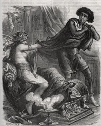 Szene aus der Bibel: "Sie ergriff den zu tugendhaften jungen Mann bei seiner Tunika". Die Frau von Putiphar versucht, Joseph, einen Sklaven des Pharaos, zu verführen. Gravur von 1871 in "Histoire Des Cocus Celebres" von Henry de Kock (1819-1892)