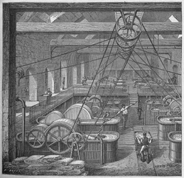 Wissenschaft. Papierherstellung. Bottiche für Lumpen. Gravur in: Grands hommes et grands faits de l