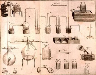 Wissenschaftliche Ausrüstung, aus Die Elemente der Chemie von Antoine Laurent de Lavoisier, graviert von D.Lizars, 1796