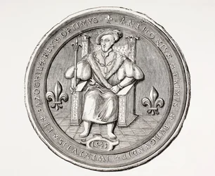 Siegel des Königs der Basoche, des Anführers der Gilde der Gerichtsschreiber des Pariser Gerichtssystems, aus Les Arts au Moyen Age, veröffentlicht 1873