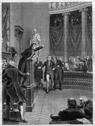 Sitzung des Tribunats: Rede von Benjamin Constant (1767-1830) an der Tribüne, die das von Napoleon errichtete Regime anprangert, Januar 1800 - Gravur von 1865 in „Histoire du Consulate et de l