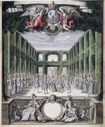 Bühnenbild für ein nicht identifiziertes Ballett in einem Garten, aus einer Sammlung mit dem Titel Menus Plaisirs du Roi