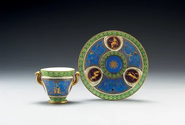 Sèvres blau-celeste und hellgrüne Tasse mit Untertasse, 1790