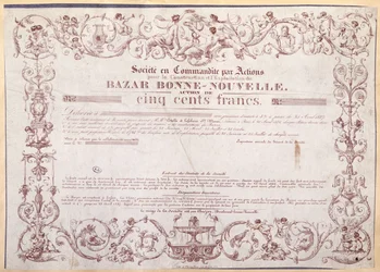 Aktienzertifikat über 500 Francs für den Bazar Bonne-Nouvelle, 1836
