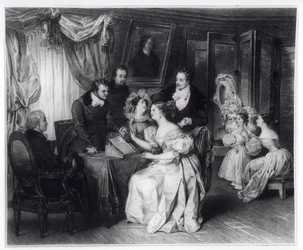 Unterzeichnung des Ehevertrags im Büro des Notars, ca. 1840