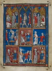Sloane MS 1977 fol.6r Neun Miniaturen, die biblische und medizinische Szenen zeigen. Oben, Christus vor Kaiphas und Pilatus; die Geißelung. Mitte und unten, Ärzte behandeln Patienten mit Knochenbrüchen und anderen Beschwerden