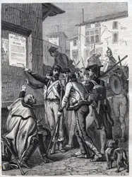 Soldaten, eure Bedürfnisse sind groß: Französische Soldaten lesen die Proklamation von General Bonaparte im November 1799 - Gravur von 1865 in „Histoire du Consulat et de l
