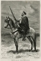 Spahi, effizienter Reiter und Schrecken, der zur Eroberung Algeriens beiträgt, im Dienst Frankreichs, abgelöst im Arabischen Büro, Gravur nach einer Zeichnung von H. Charles, zur Illustration der Geschichte Tebessa und seiner Denkmäler (Algerien), von A. H