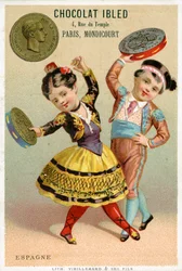 Spanische Kinder tanzen mit Tamburinen aus Peseten, aus einer Serie von Werbekarten über Währungen in verschiedenen Ländern, veröffentlicht in Paris von Vieillemard für Chocolat Ibled, 1886-95